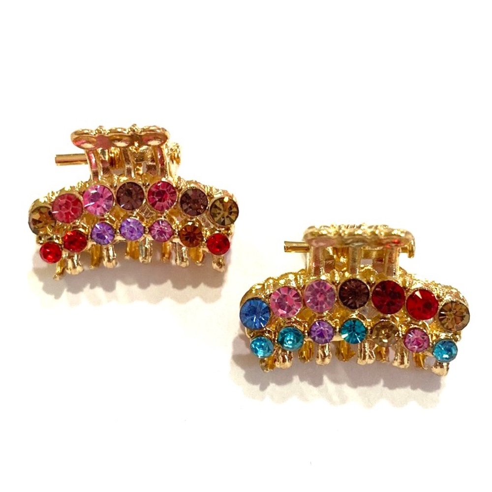 Jaw Clips Set Of 2 Gold Tone With Rainbow Rhinestones Mini Hair Claws